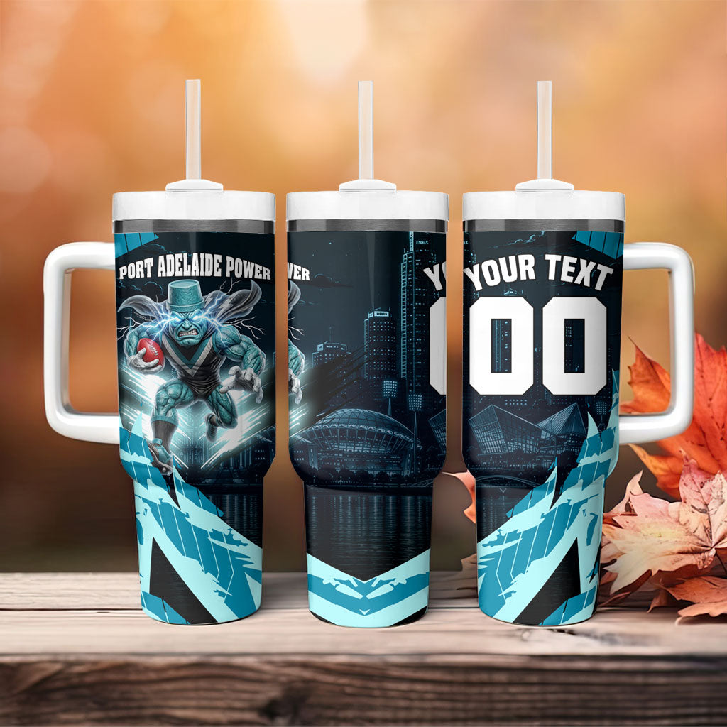 Personalised Port Adelaide Power Football Tumbler With Handle Teal Lightning Mascot Charging Cityscape