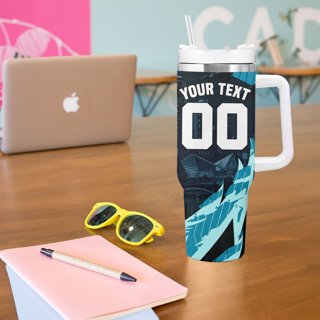 Personalised Port Adelaide Power Football Tumbler With Handle Teal Lightning Mascot Charging Cityscape