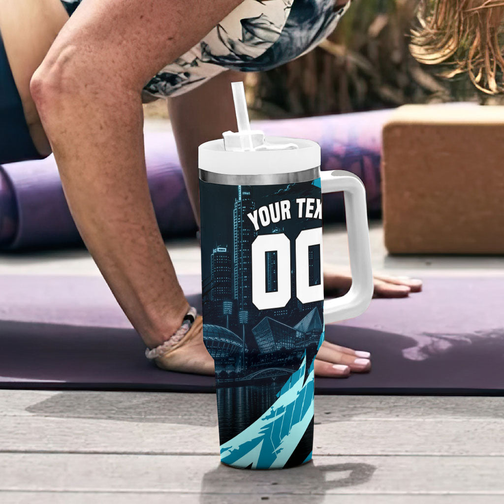 Personalised Port Adelaide Power Football Tumbler With Handle Teal Lightning Mascot Charging Cityscape