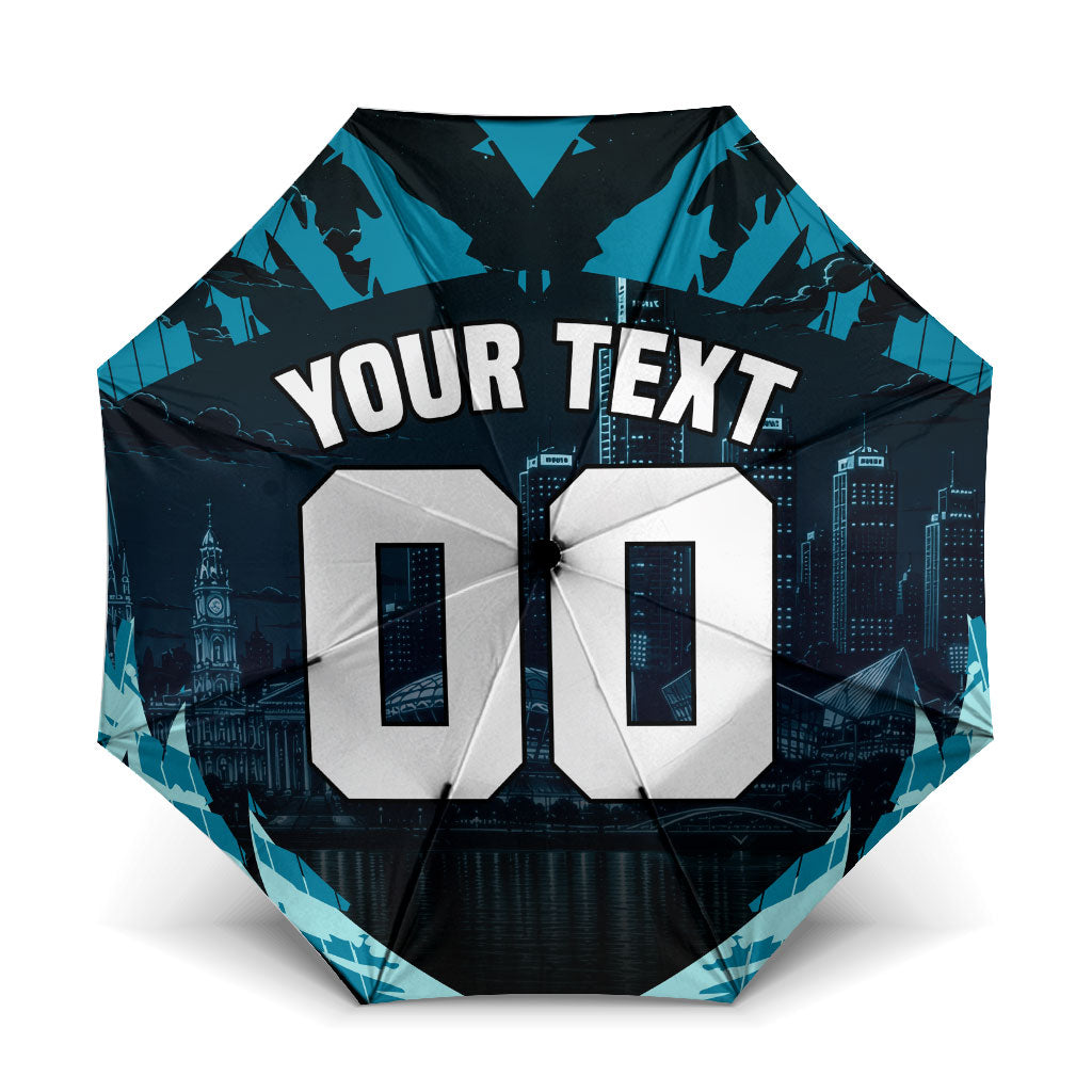 Personalised Port Adelaide Power Football Umbrella Teal Lightning Mascot Charging Cityscape