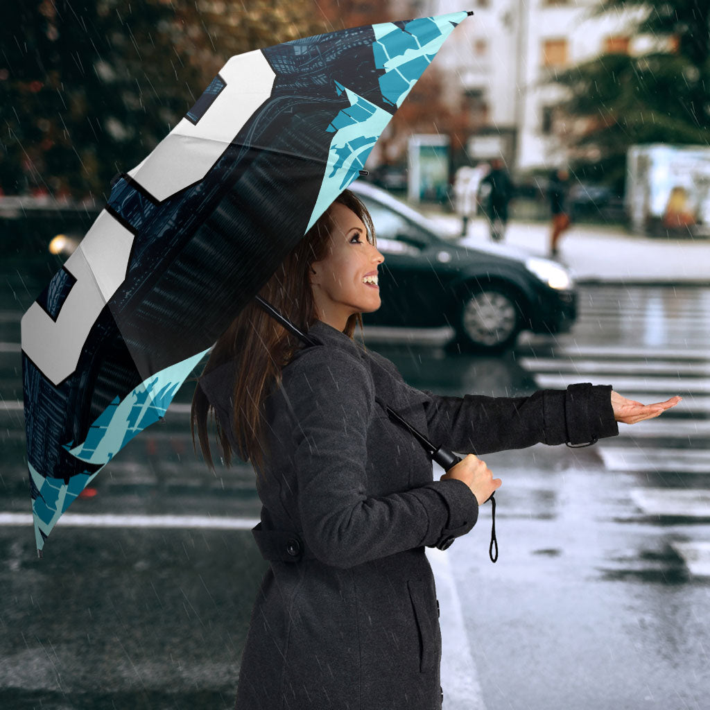 Personalised Port Adelaide Power Football Umbrella Teal Lightning Mascot Charging Cityscape