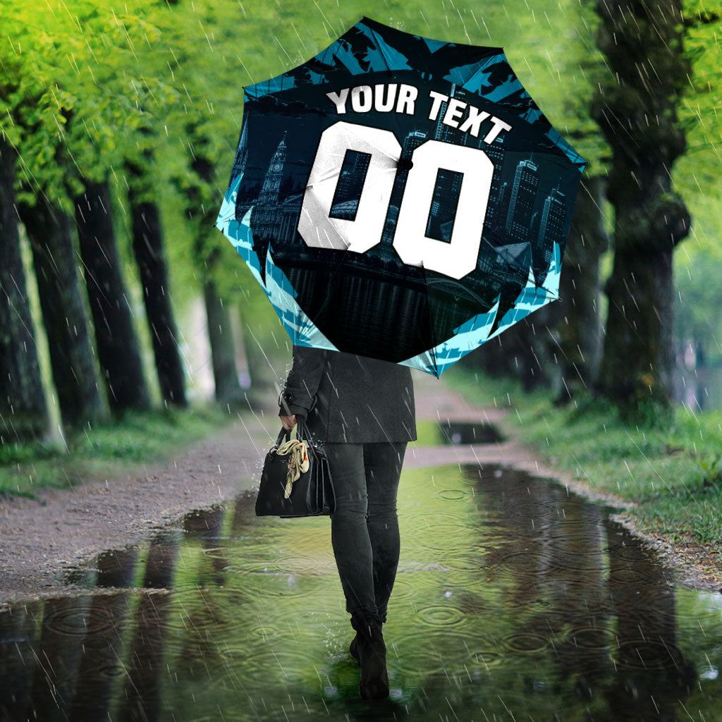 Personalised Port Adelaide Power Football Umbrella Teal Lightning Mascot Charging Cityscape