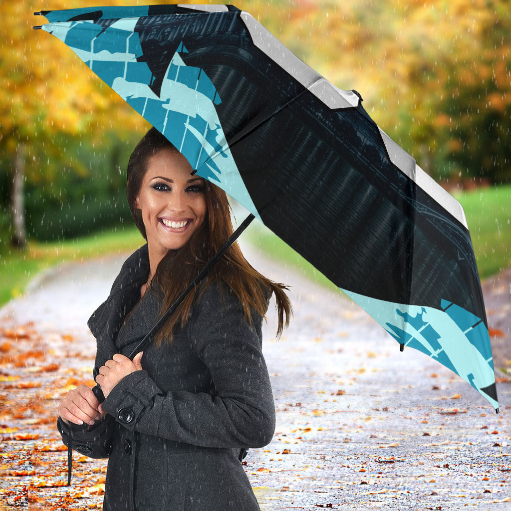 Personalised Port Adelaide Power Football Umbrella Teal Lightning Mascot Charging Cityscape