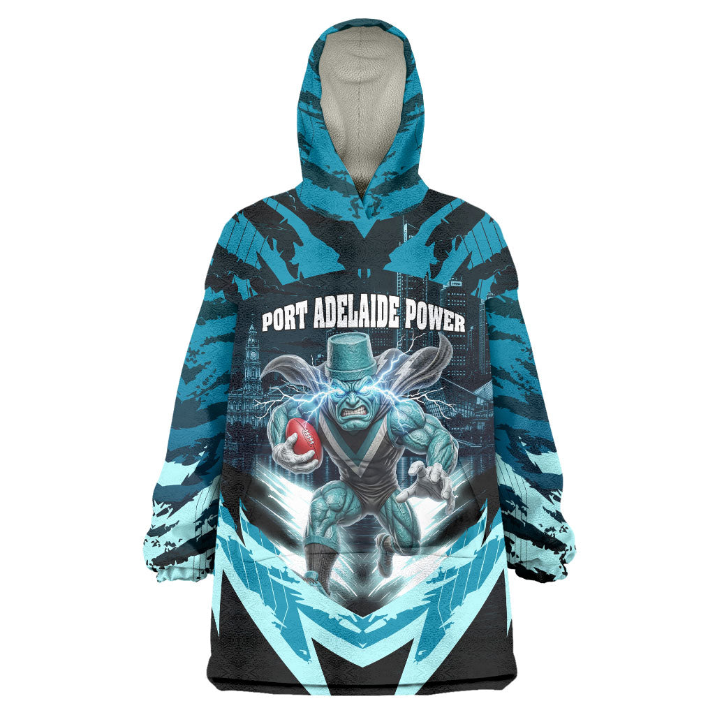 Personalised Port Adelaide Power Football Wearable Blanket Hoodie Teal Lightning Mascot Charging Cityscape