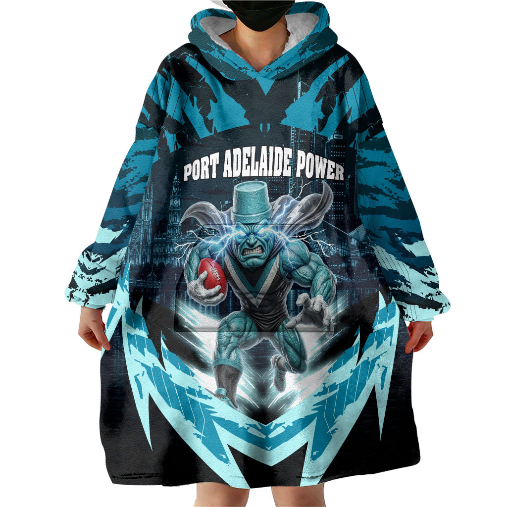 Personalised Port Adelaide Power Football Wearable Blanket Hoodie Teal Lightning Mascot Charging Cityscape