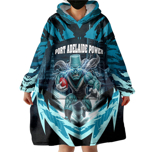 Personalised Port Adelaide Power Football Wearable Blanket Hoodie Teal Lightning Mascot Charging Cityscape