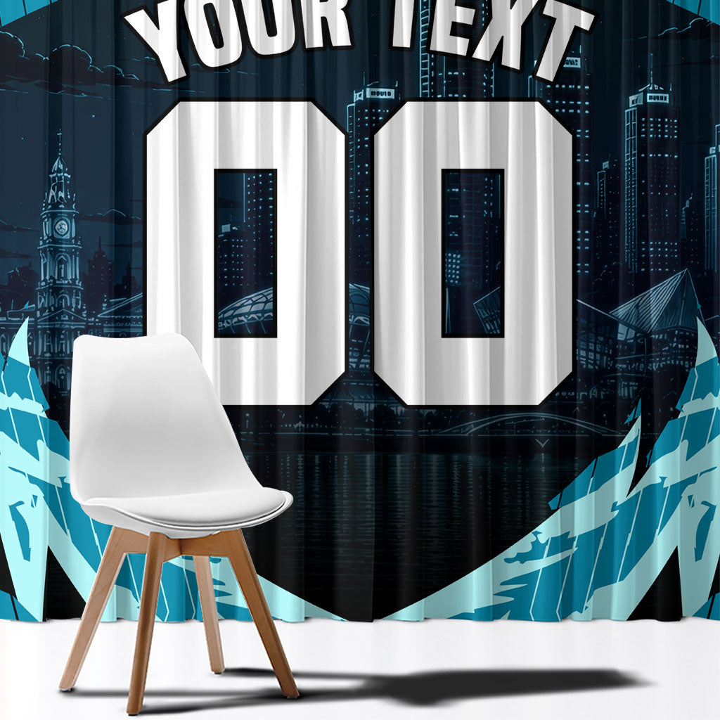 Personalised Port Adelaide Power Football Window Curtain Teal Lightning Mascot Charging Cityscape