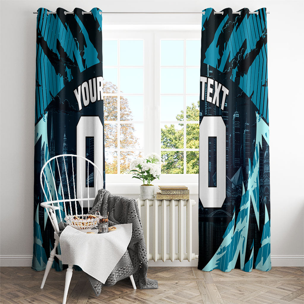 Personalised Port Adelaide Power Football Window Curtain Teal Lightning Mascot Charging Cityscape