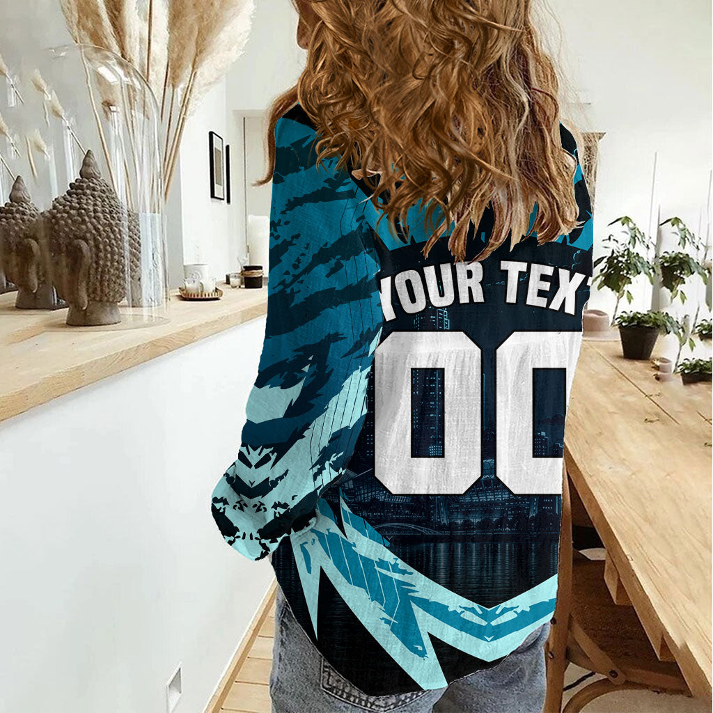 Personalised Port Adelaide Power Football Women Casual Shirt Teal Lightning Mascot Charging Cityscape