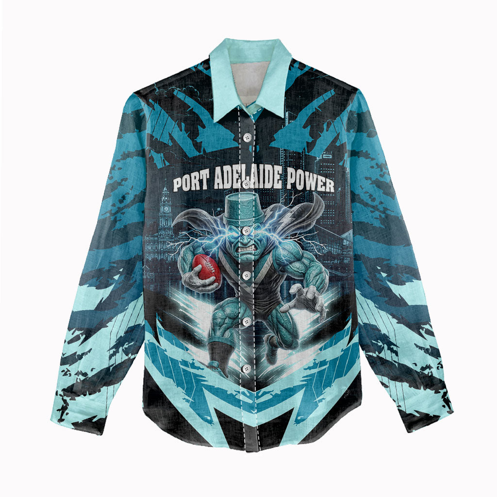 Personalised Port Adelaide Power Football Women Casual Shirt Teal Lightning Mascot Charging Cityscape