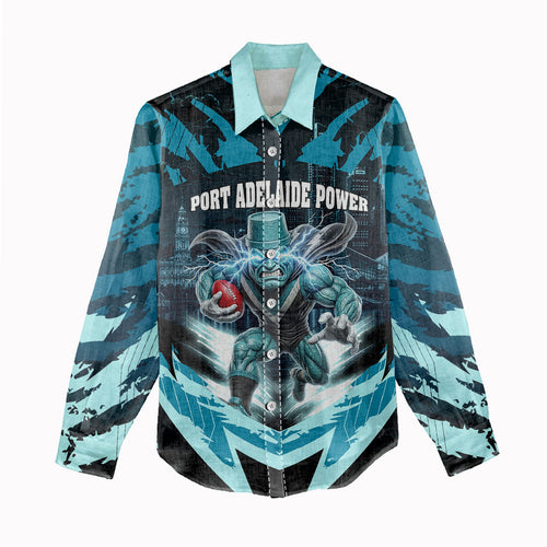 Personalised Port Adelaide Power Football Women Casual Shirt Teal Lightning Mascot Charging Cityscape