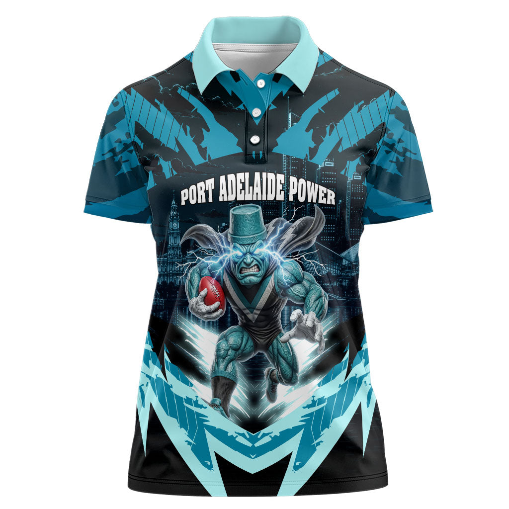 Personalised Port Adelaide Power Football Women Polo Shirt Teal Lightning Mascot Charging Cityscape