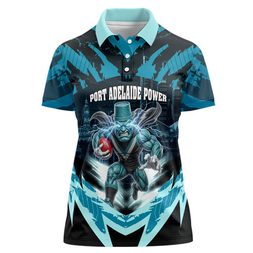 Personalised Port Adelaide Power Football Women Polo Shirt Teal Lightning Mascot Charging Cityscape