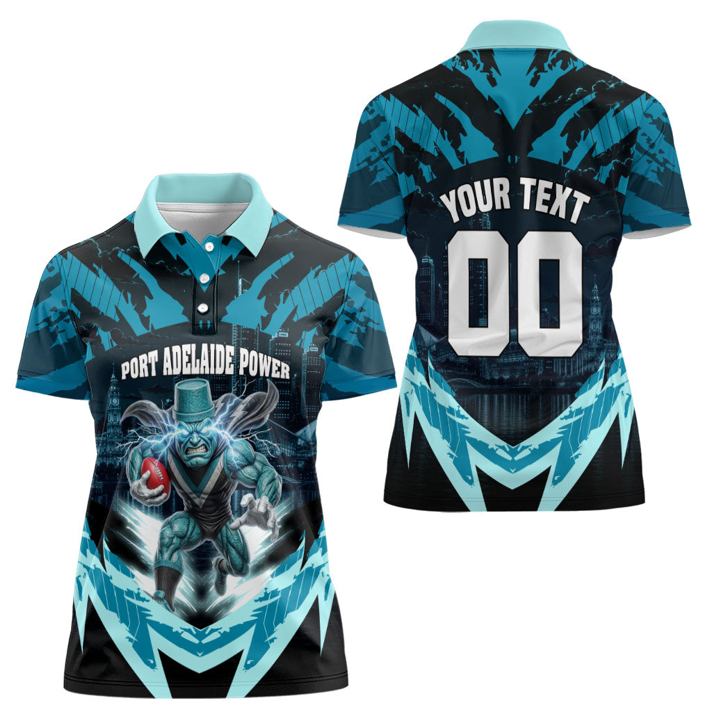 Personalised Port Adelaide Power Football Women Polo Shirt Teal Lightning Mascot Charging Cityscape