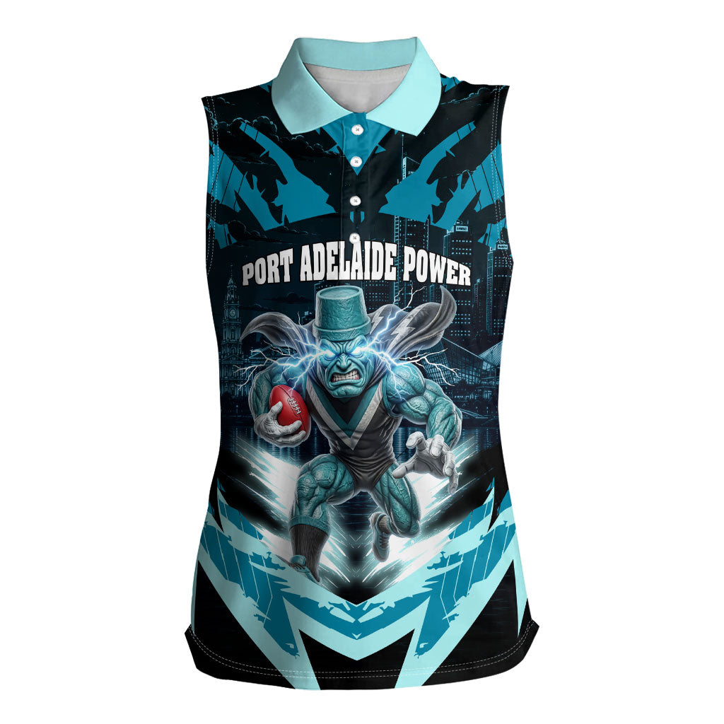 Personalised Port Adelaide Power Football Women Sleeveless Polo Shirt Teal Lightning Mascot Charging Cityscape