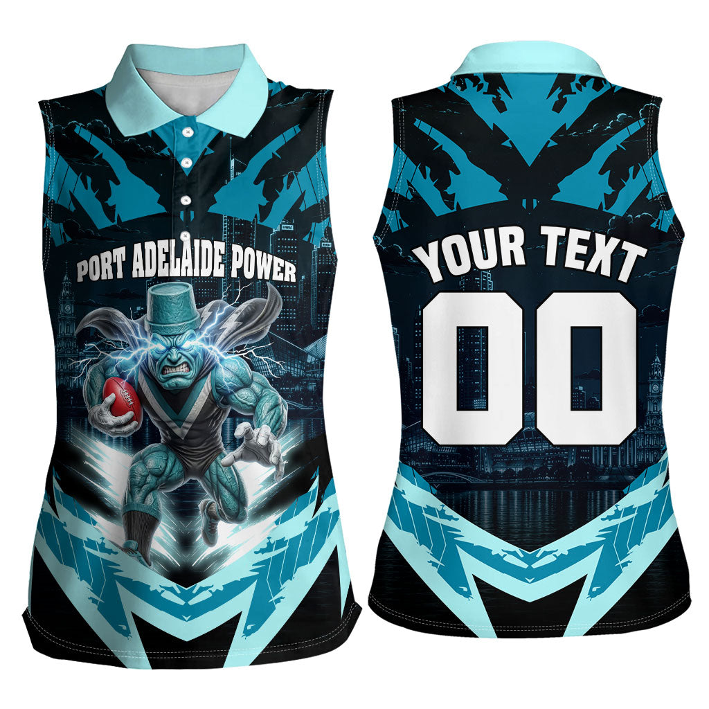 Personalised Port Adelaide Power Football Women Sleeveless Polo Shirt Teal Lightning Mascot Charging Cityscape