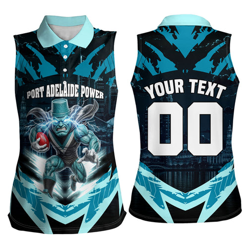 Personalised Port Adelaide Power Football Women Sleeveless Polo Shirt Teal Lightning Mascot Charging Cityscape