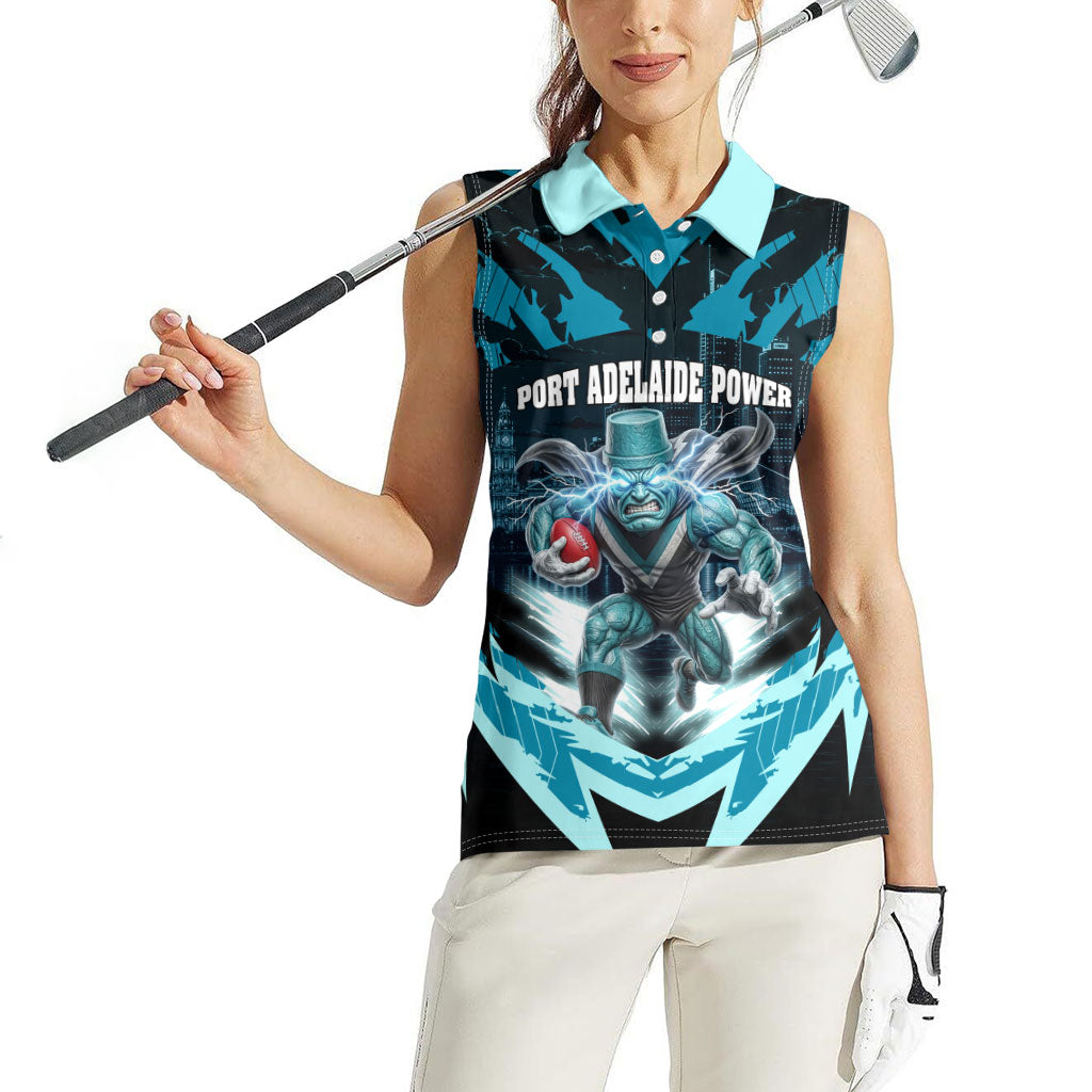 Personalised Port Adelaide Power Football Women Sleeveless Polo Shirt Teal Lightning Mascot Charging Cityscape