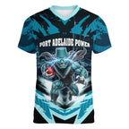 Personalised Port Adelaide Power Football Women V-Neck T-Shirt Teal Lightning Mascot Charging Cityscape