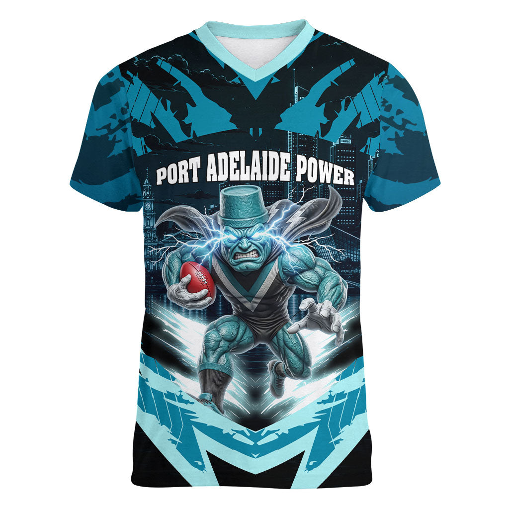 Personalised Port Adelaide Power Football Women V-Neck T-Shirt Teal Lightning Mascot Charging Cityscape