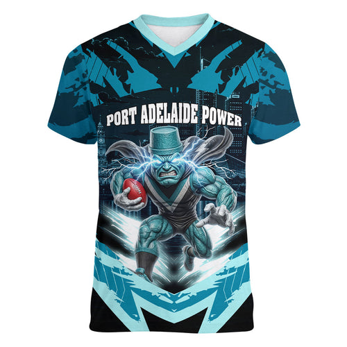 Personalised Port Adelaide Power Football Women V-Neck T-Shirt Teal Lightning Mascot Charging Cityscape