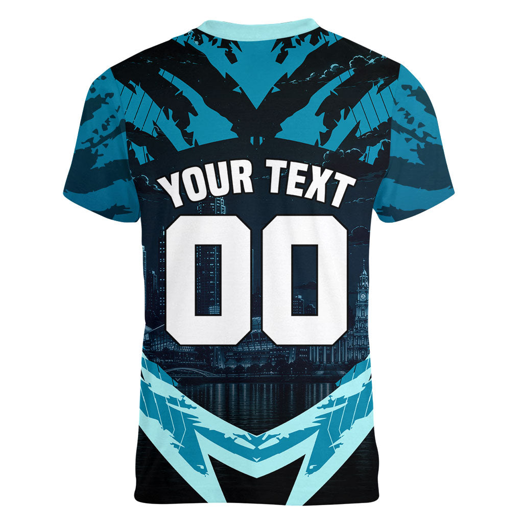Personalised Port Adelaide Power Football Women V-Neck T-Shirt Teal Lightning Mascot Charging Cityscape