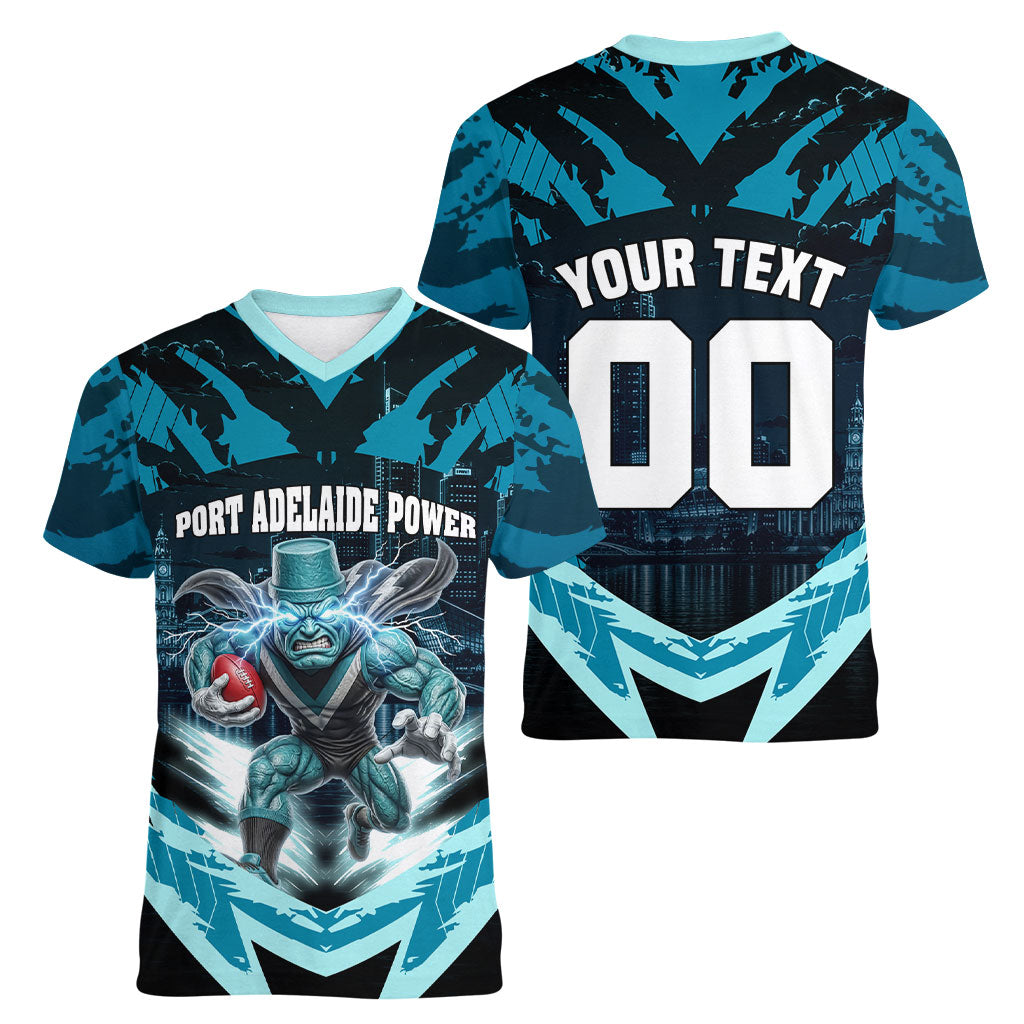 Personalised Port Adelaide Power Football Women V-Neck T-Shirt Teal Lightning Mascot Charging Cityscape