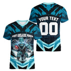Personalised Port Adelaide Power Football Women V-Neck T-Shirt Teal Lightning Mascot Charging Cityscape