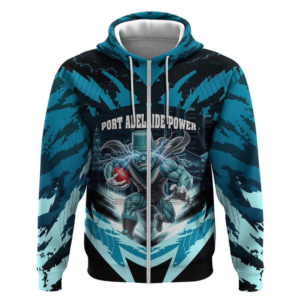 Personalised Port Adelaide Power Football Zip Hoodie Teal Lightning Mascot Charging Cityscape