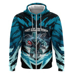 Personalised Port Adelaide Power Football Zip Hoodie Teal Lightning Mascot Charging Cityscape