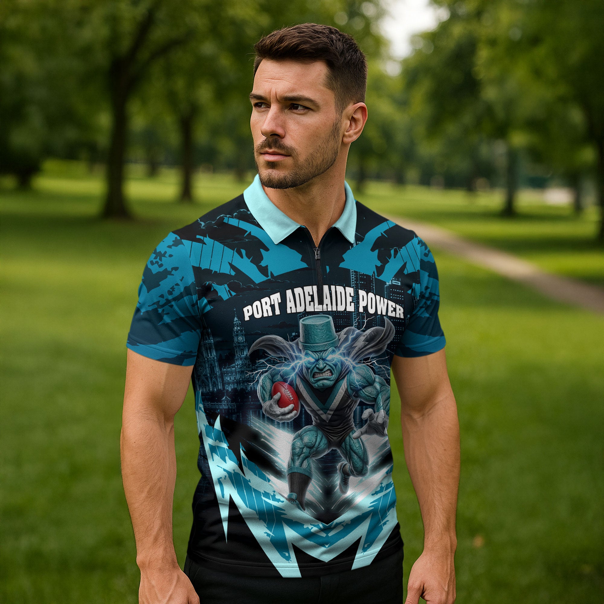 Personalised Port Adelaide Power Football Zipper Polo Shirt Teal Lightning Mascot Charging Cityscape