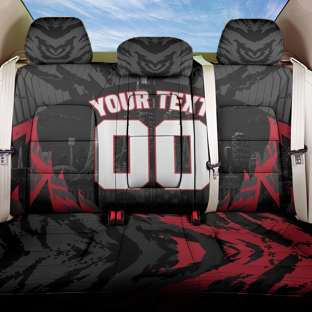 Personalised Essendon Bombers Football Back Car Seat Cover Fierce Mosquito Mascot 3D Grunge City Art