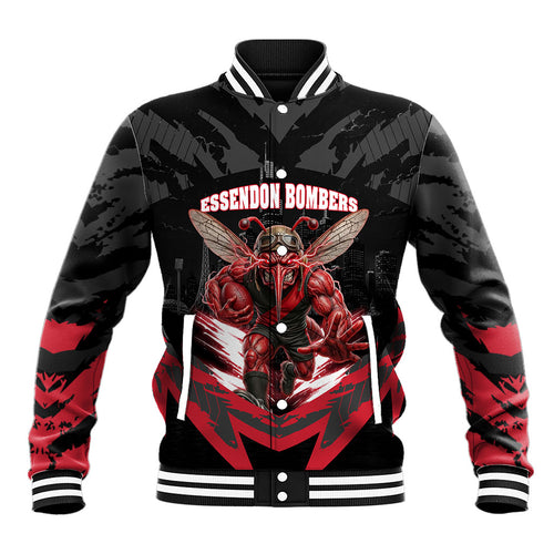 Personalised Essendon Bombers Football Baseball Jacket Fierce Mosquito Mascot 3D Grunge City Art