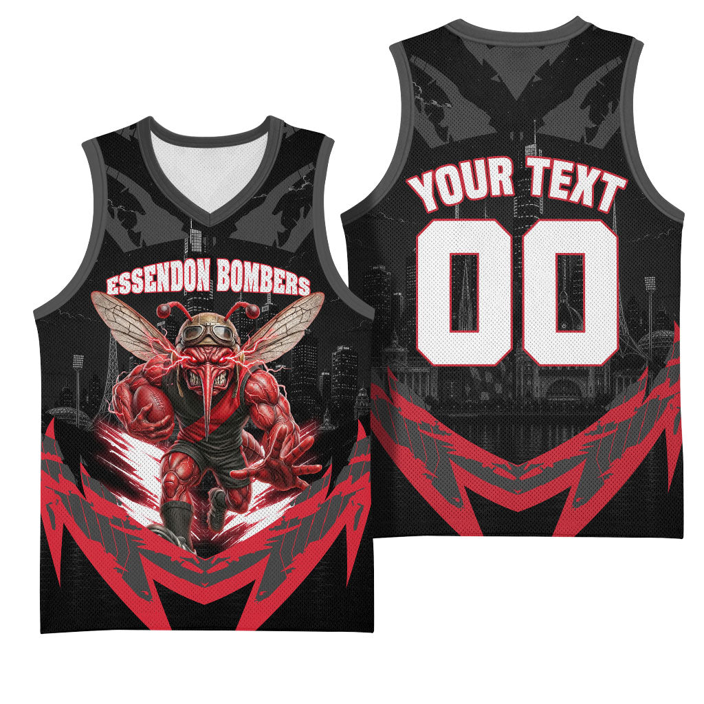 Personalised Essendon Bombers Football Basketball Jersey Fierce Mosquito Mascot 3D Grunge City Art