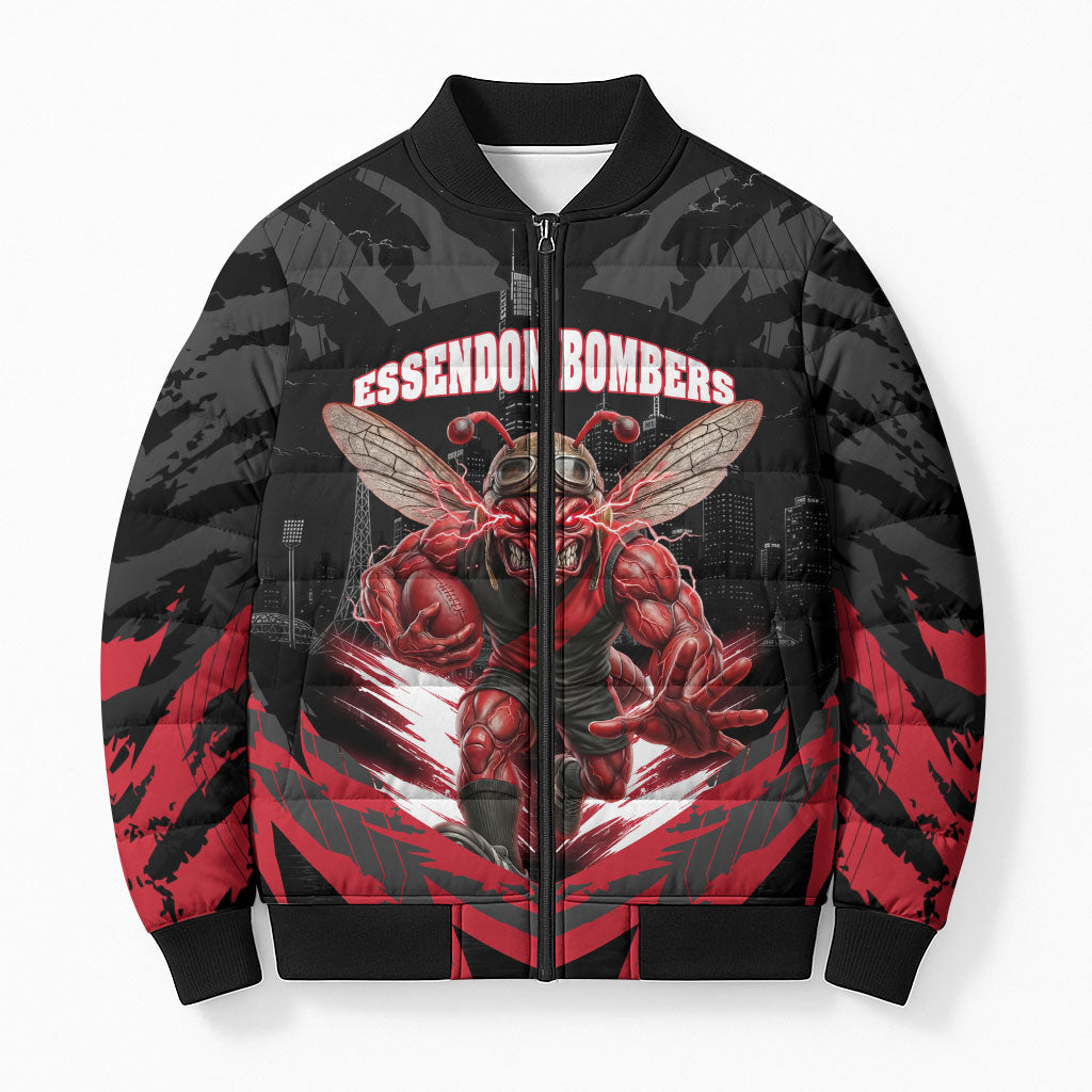 Personalised Essendon Bombers Football Bomber Puffer Jacket Fierce Mosquito Mascot 3D Grunge City Art