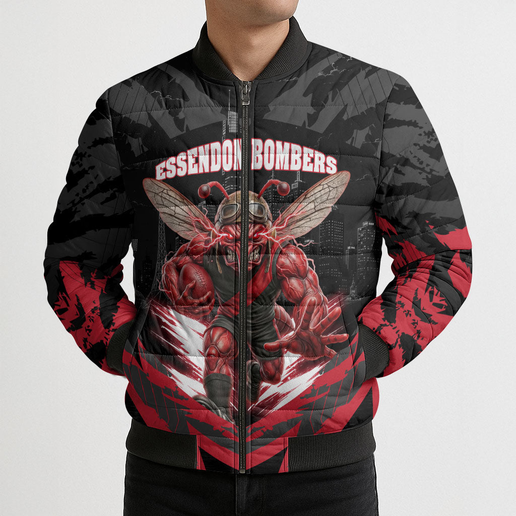Personalised Essendon Bombers Football Bomber Puffer Jacket Fierce Mosquito Mascot 3D Grunge City Art