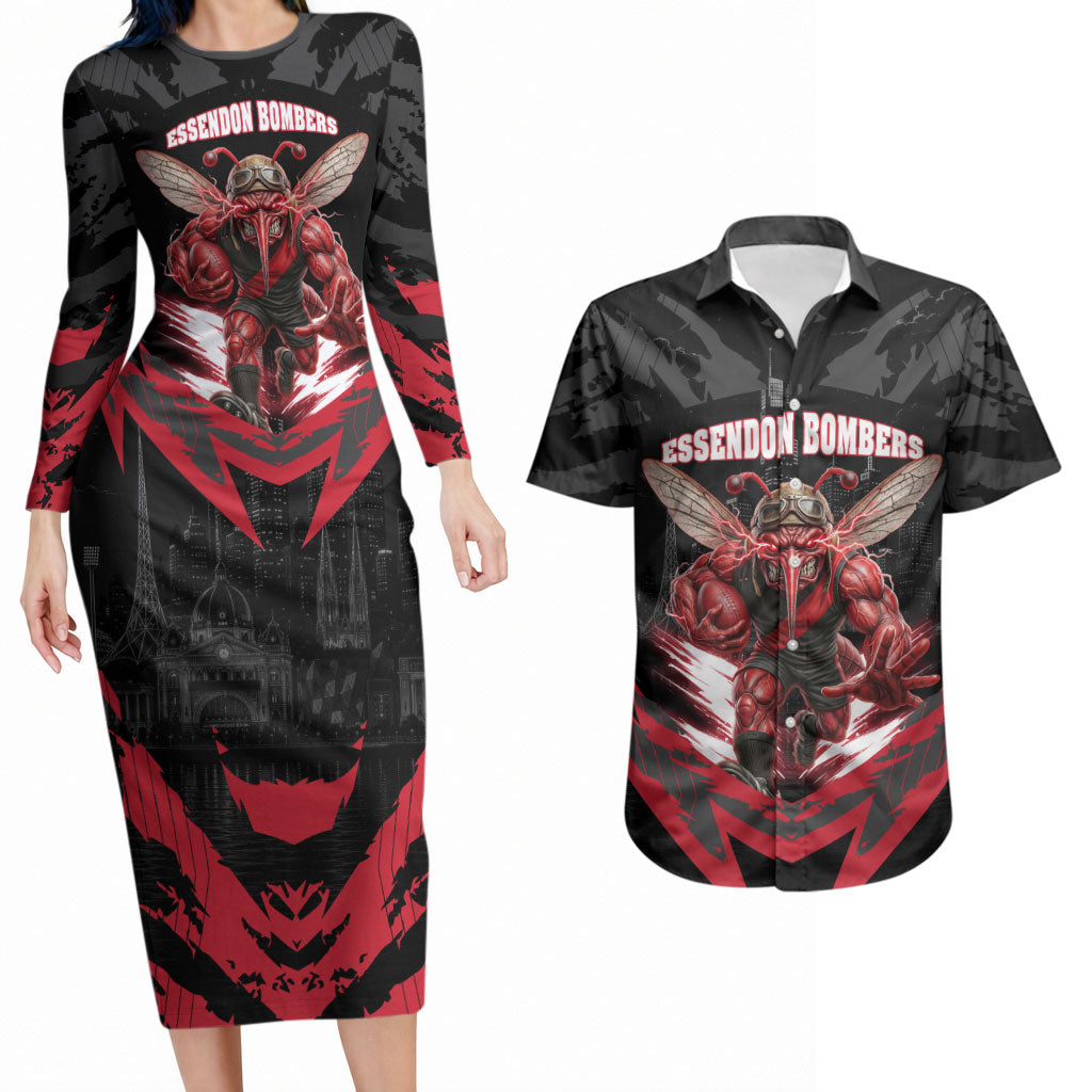 Personalised Essendon Bombers Football Couples Matching Long Sleeve Bodycon Dress and Hawaiian Shirt Fierce Mosquito Mascot 3D Grunge City Art