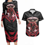 Personalised Essendon Bombers Football Couples Matching Long Sleeve Bodycon Dress and Hawaiian Shirt Fierce Mosquito Mascot 3D Grunge City Art
