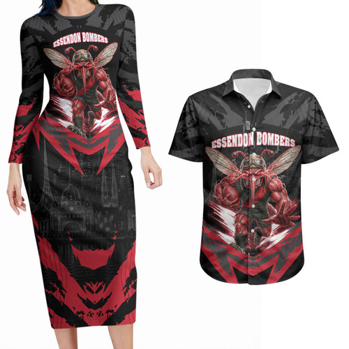 Personalised Essendon Bombers Football Couples Matching Long Sleeve Bodycon Dress and Hawaiian Shirt Fierce Mosquito Mascot 3D Grunge City Art