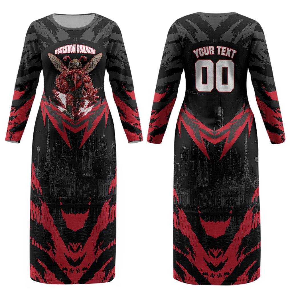 Personalised Essendon Bombers Football Couples Matching Long Sleeve Bodycon Dress and Hawaiian Shirt Fierce Mosquito Mascot 3D Grunge City Art