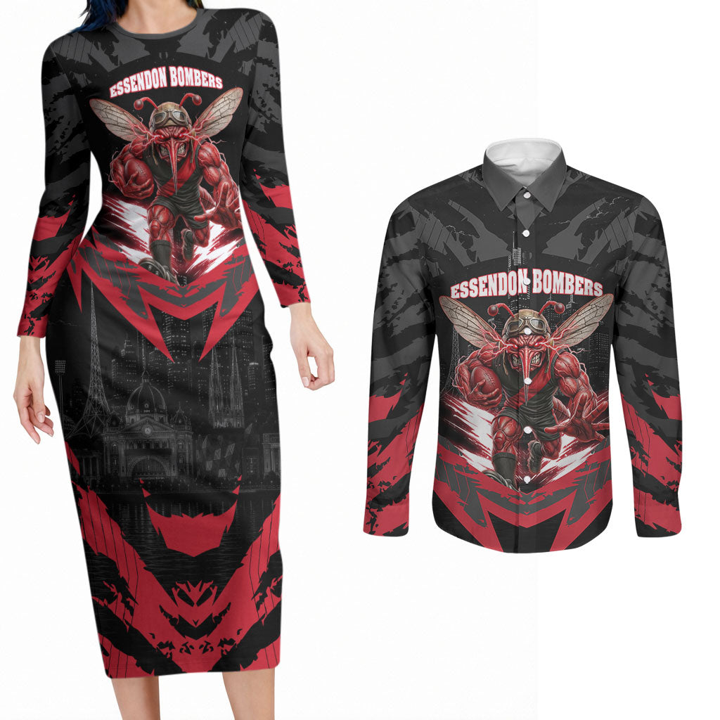 Personalised Essendon Bombers Football Couples Matching Long Sleeve Bodycon Dress and Long Sleeve Button Shirt Fierce Mosquito Mascot 3D Grunge City Art