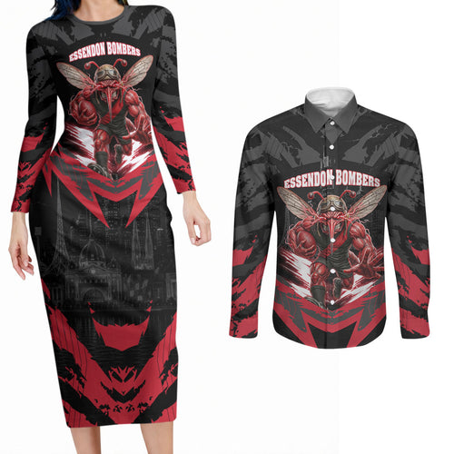 Personalised Essendon Bombers Football Couples Matching Long Sleeve Bodycon Dress and Long Sleeve Button Shirt Fierce Mosquito Mascot 3D Grunge City Art