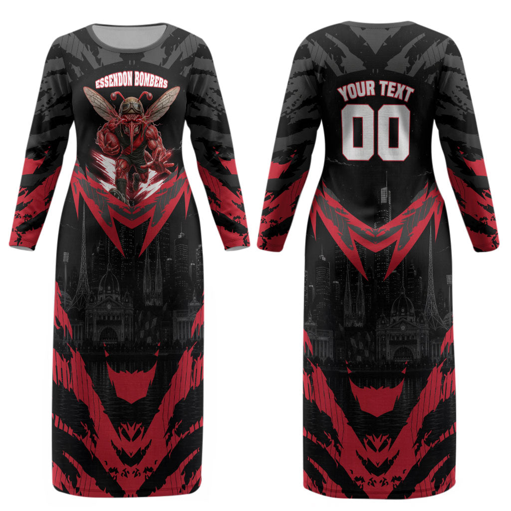 Personalised Essendon Bombers Football Couples Matching Long Sleeve Bodycon Dress and Long Sleeve Button Shirt Fierce Mosquito Mascot 3D Grunge City Art