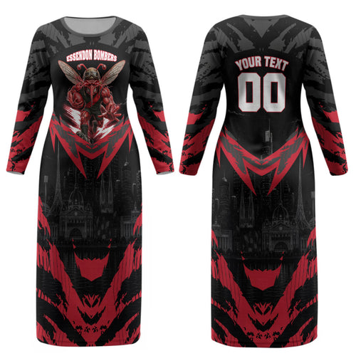 Personalised Essendon Bombers Football Couples Matching Long Sleeve Bodycon Dress and Long Sleeve Button Shirt Fierce Mosquito Mascot 3D Grunge City Art