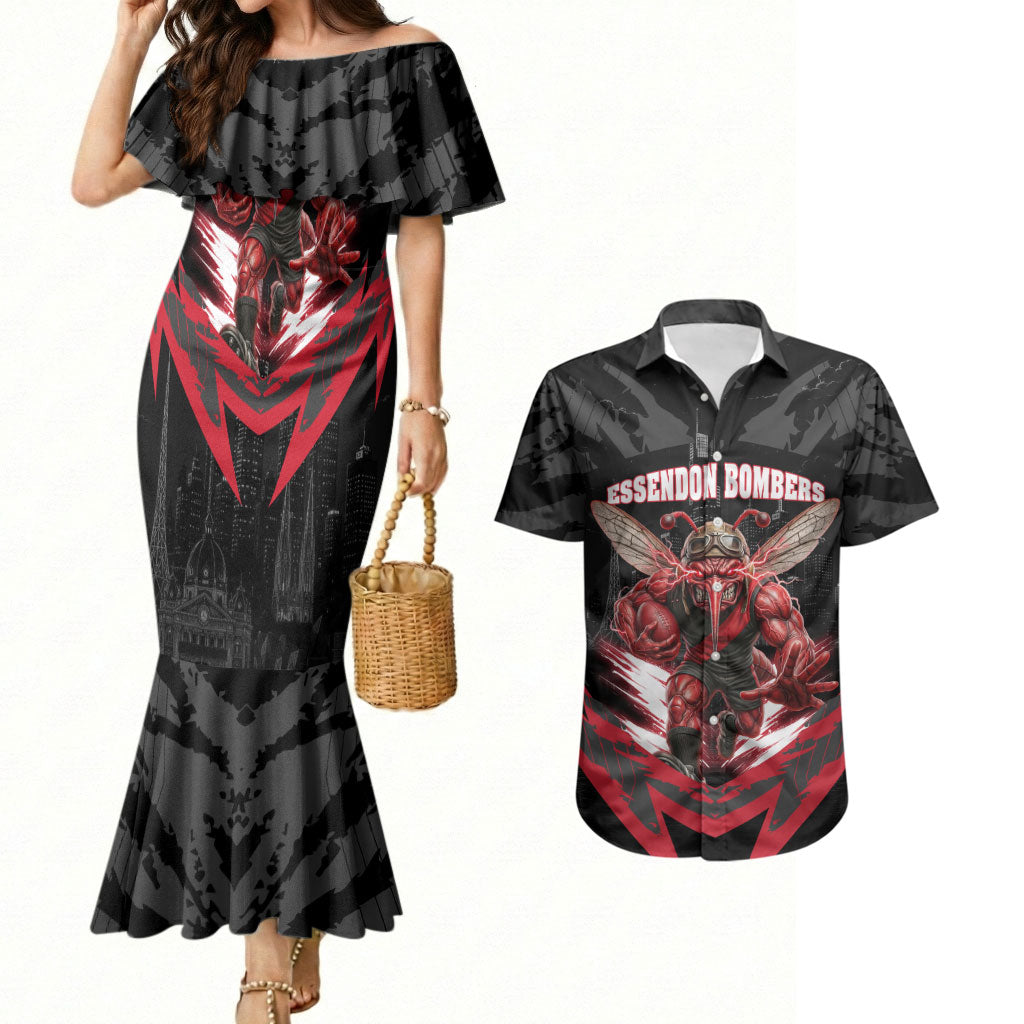 Personalised Essendon Bombers Football Couples Matching Mermaid Dress and Hawaiian Shirt Fierce Mosquito Mascot 3D Grunge City Art