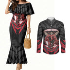 Personalised Essendon Bombers Football Couples Matching Mermaid Dress and Long Sleeve Button Shirt Fierce Mosquito Mascot 3D Grunge City Art