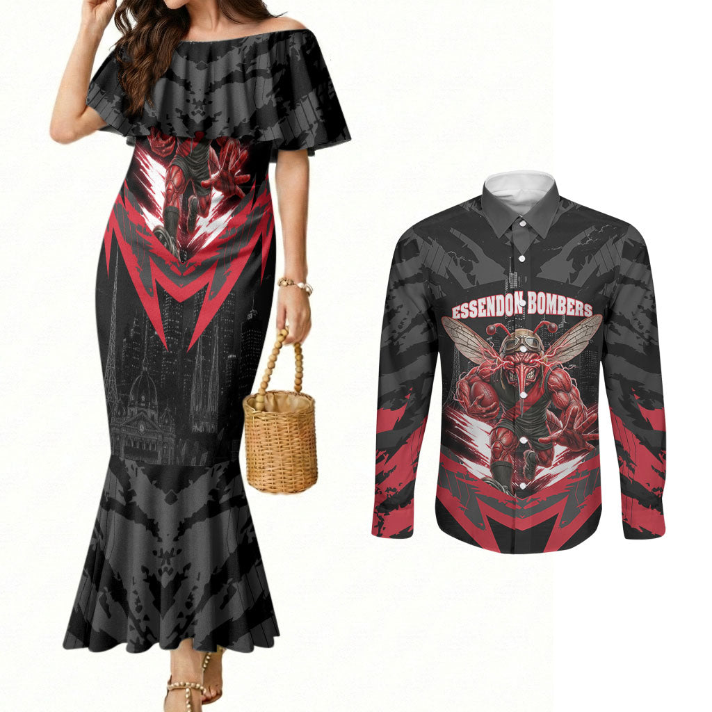 Personalised Essendon Bombers Football Couples Matching Mermaid Dress and Long Sleeve Button Shirt Fierce Mosquito Mascot 3D Grunge City Art