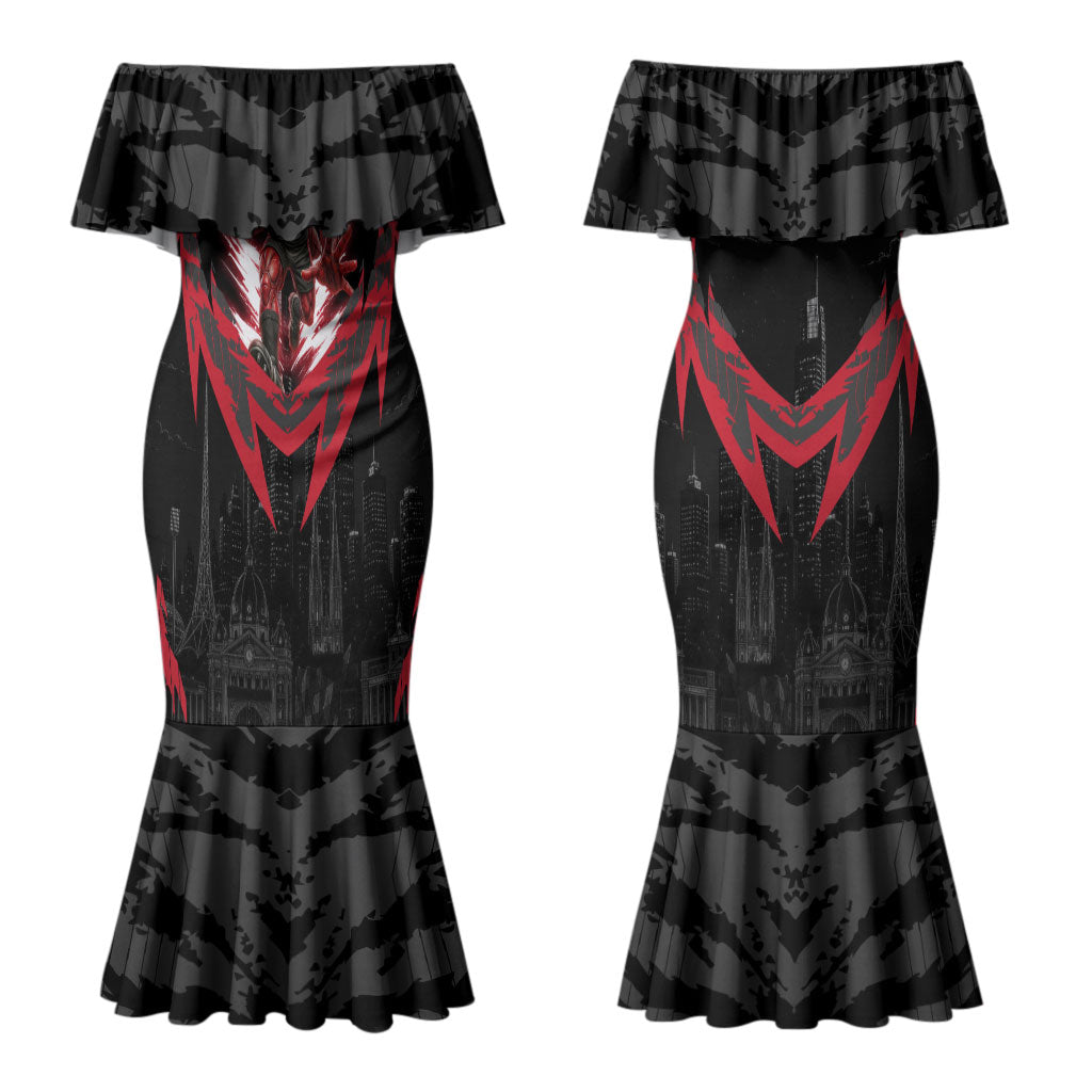 Personalised Essendon Bombers Football Couples Matching Mermaid Dress and Long Sleeve Button Shirt Fierce Mosquito Mascot 3D Grunge City Art