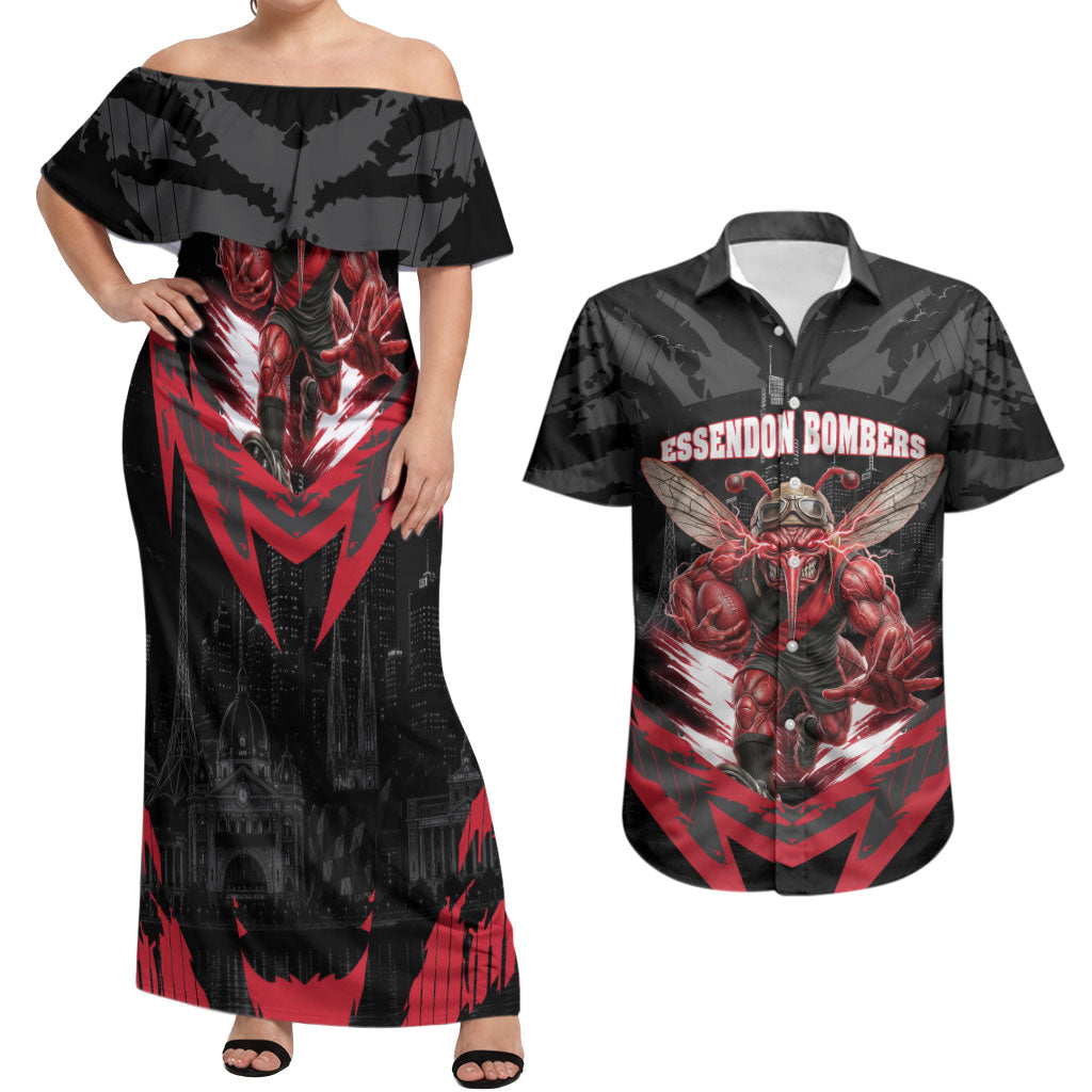 Personalised Essendon Bombers Football Couples Matching Off Shoulder Maxi Dress and Hawaiian Shirt Fierce Mosquito Mascot 3D Grunge City Art