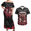 Personalised Essendon Bombers Football Couples Matching Off Shoulder Maxi Dress and Hawaiian Shirt Fierce Mosquito Mascot 3D Grunge City Art